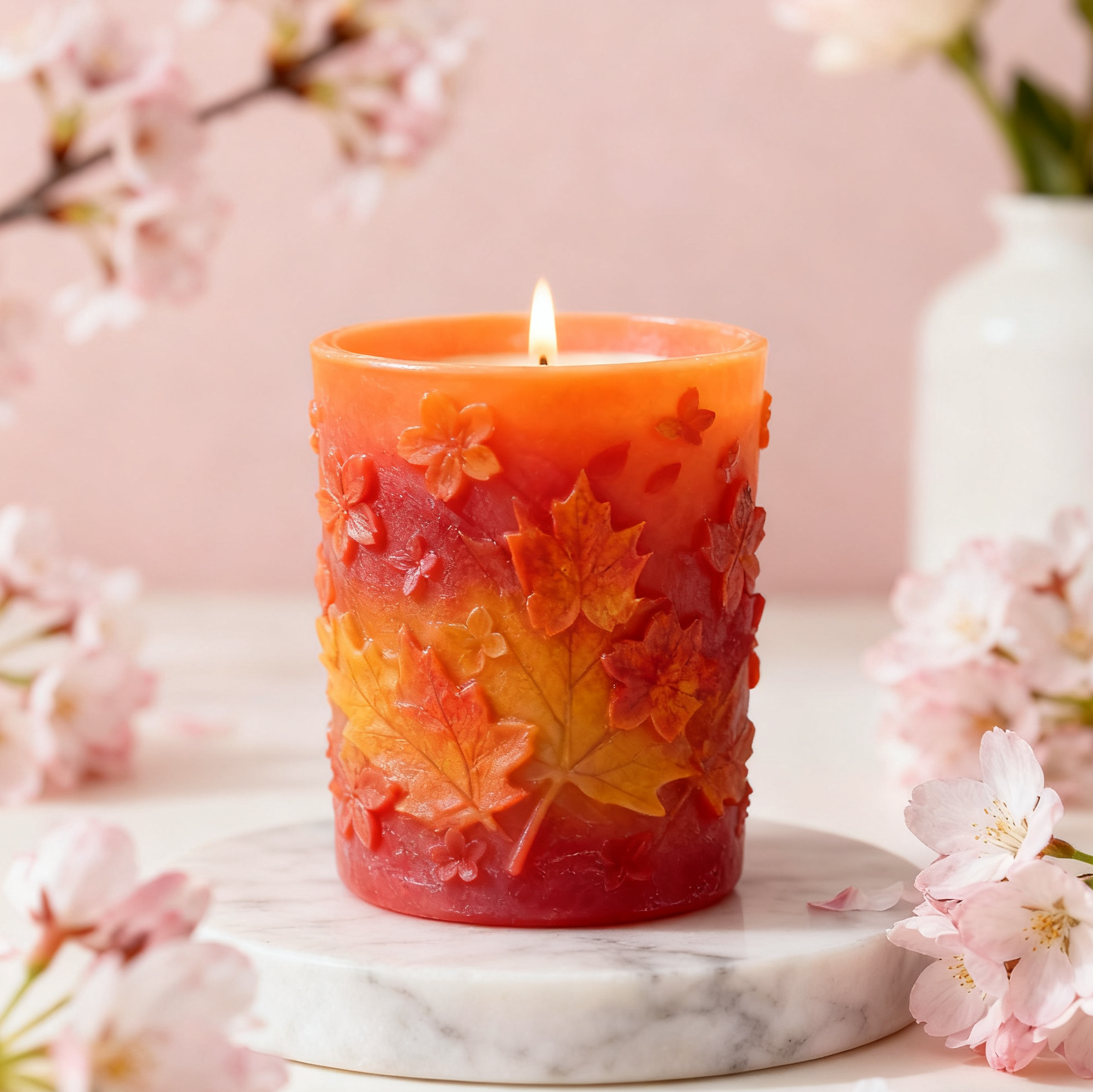 枫叶浮雕香薰蜡烛（橙红渐变秋意款）